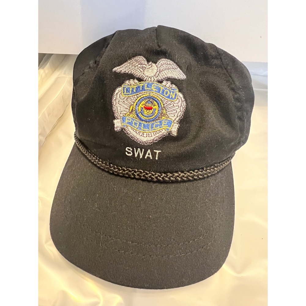 Vintage Littleton Police SWAT Hat Black Cap Leather Strap Green Brim Size OS